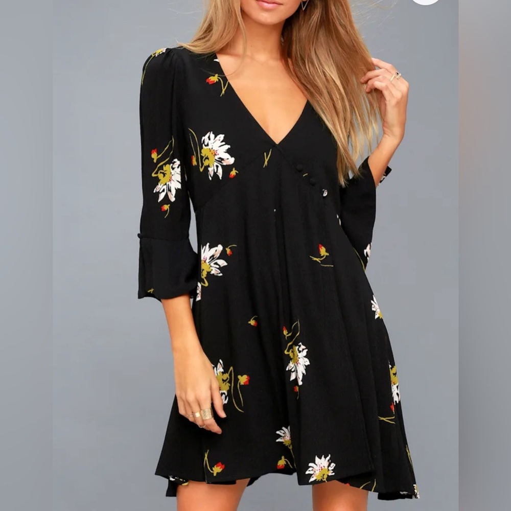 Free People Time On My Side Black Floral Print Dress Size M